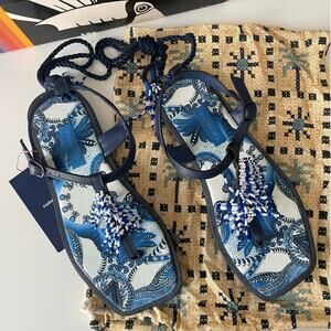 Farm Rio Blue Tile Beaded Flat Sandal